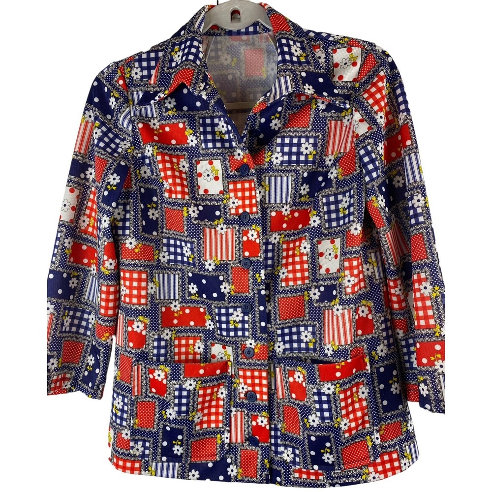Vintage Handmade floral shirt M/L groovy hippie 1970 red white blue